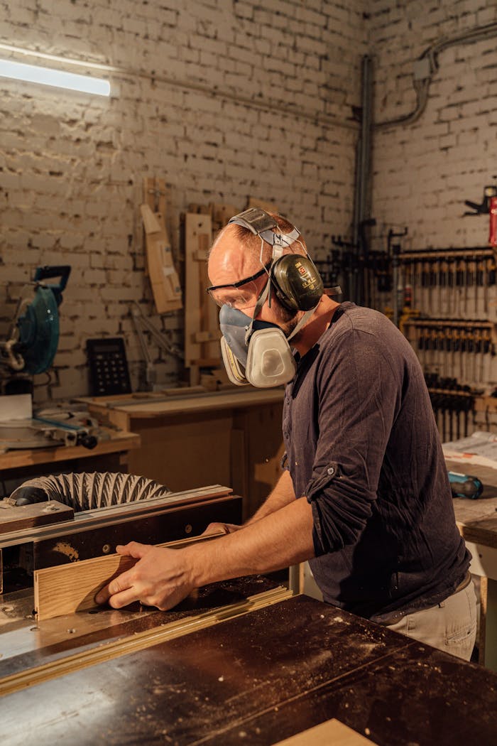 A skilled craftsman cutting wood with precision in an organized workshop, focusing on safety and detail.